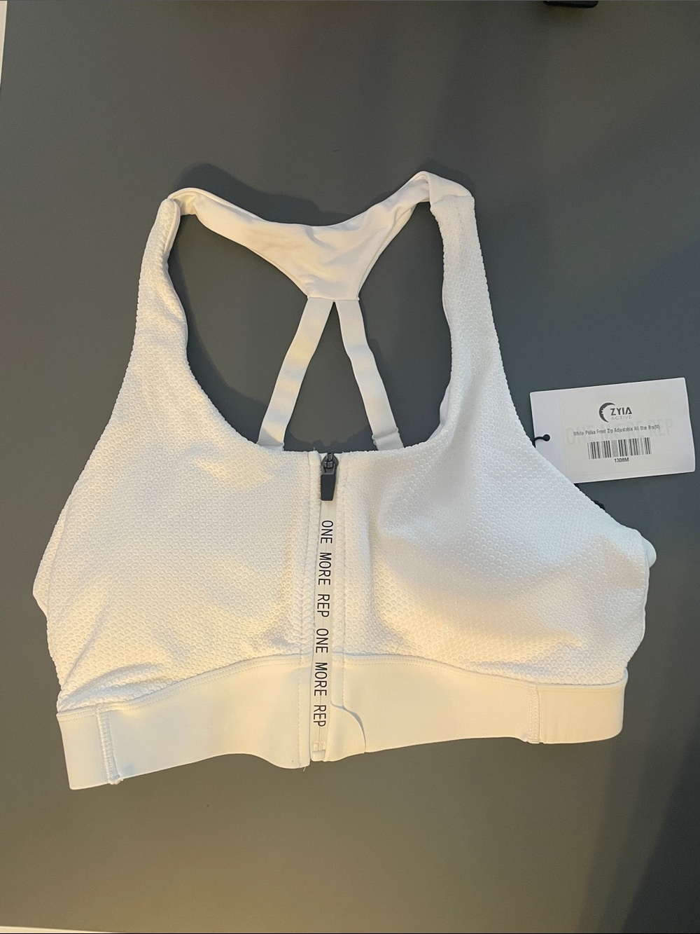 ZYIA White Front-Zip Textured Racerback Sports Bra